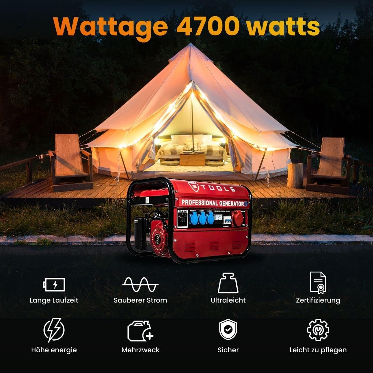 URUSANA Generator Inverter Silent 4900 Watt 6.5 Horsepower Generator, 4-Stroke Engine, ERD-9500