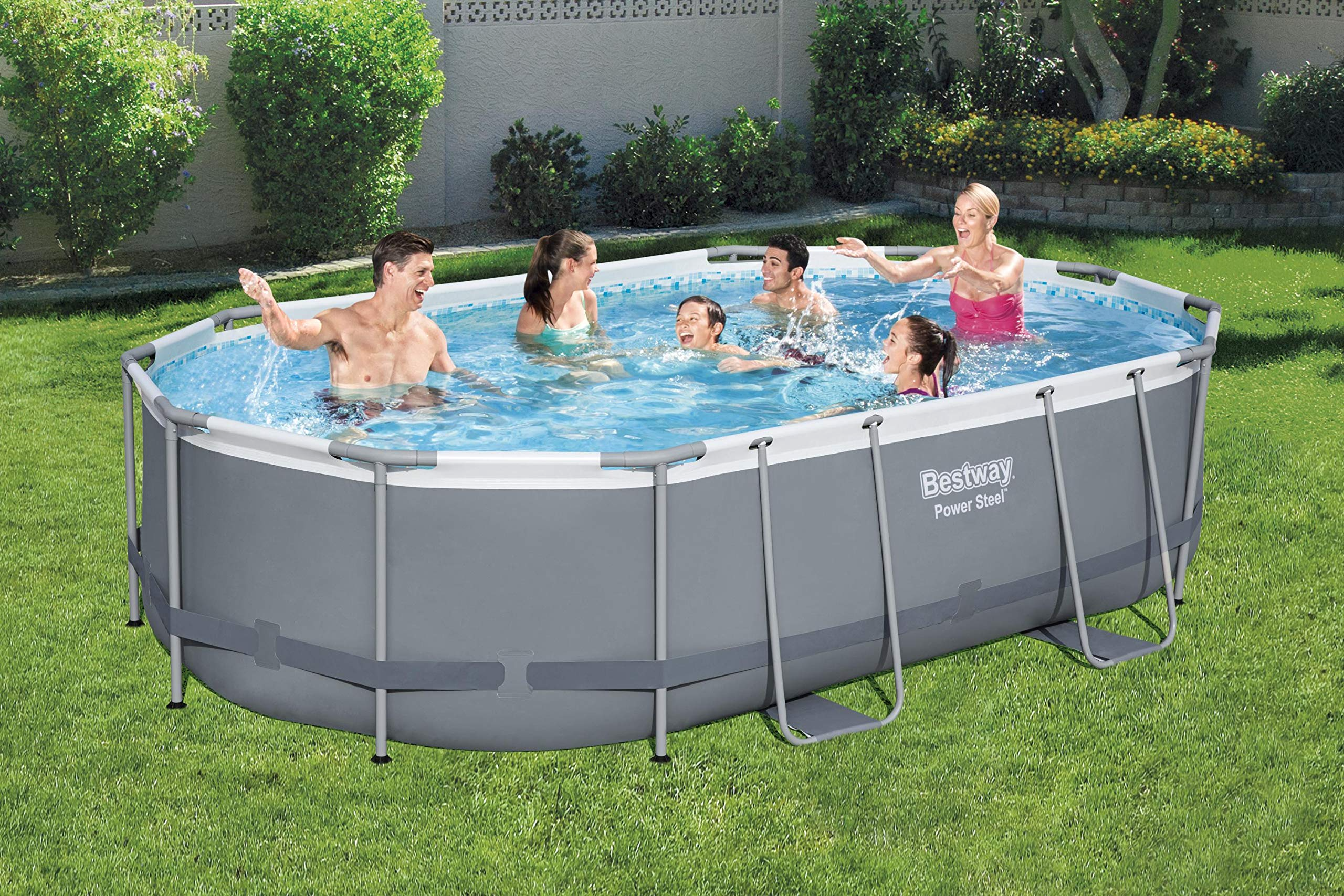 【Sports&Outdoors】【BS】Power Steel Above Ground Pool, Garden Swimmin Pool Set, Grey, 16 ft