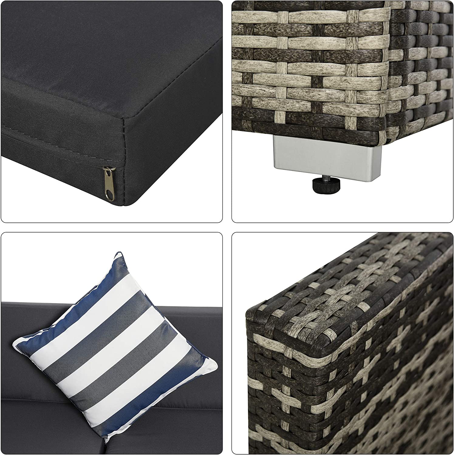 Outsunny 5PC Rattan Furniture Set Garden Outdoor Sectional Sofa Coffee Table Combo Patio Furniture Metal Frame w/Cushion Pillows Grey