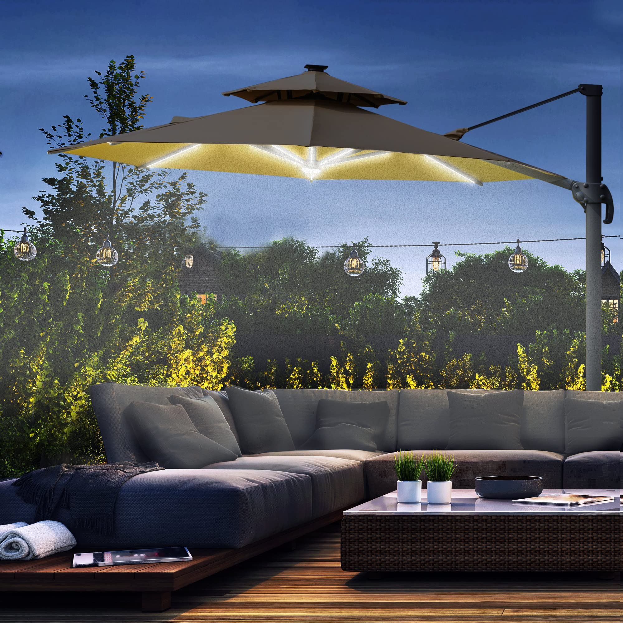 Outsunny 3(m) Cantilever Roma Parasol with LED Solar Lights, Crank & Tilt, Aluminium Frame, Cross Base and Adjustable Canopy 360° Rotating Sun Umbrella with 2-Tier Shade