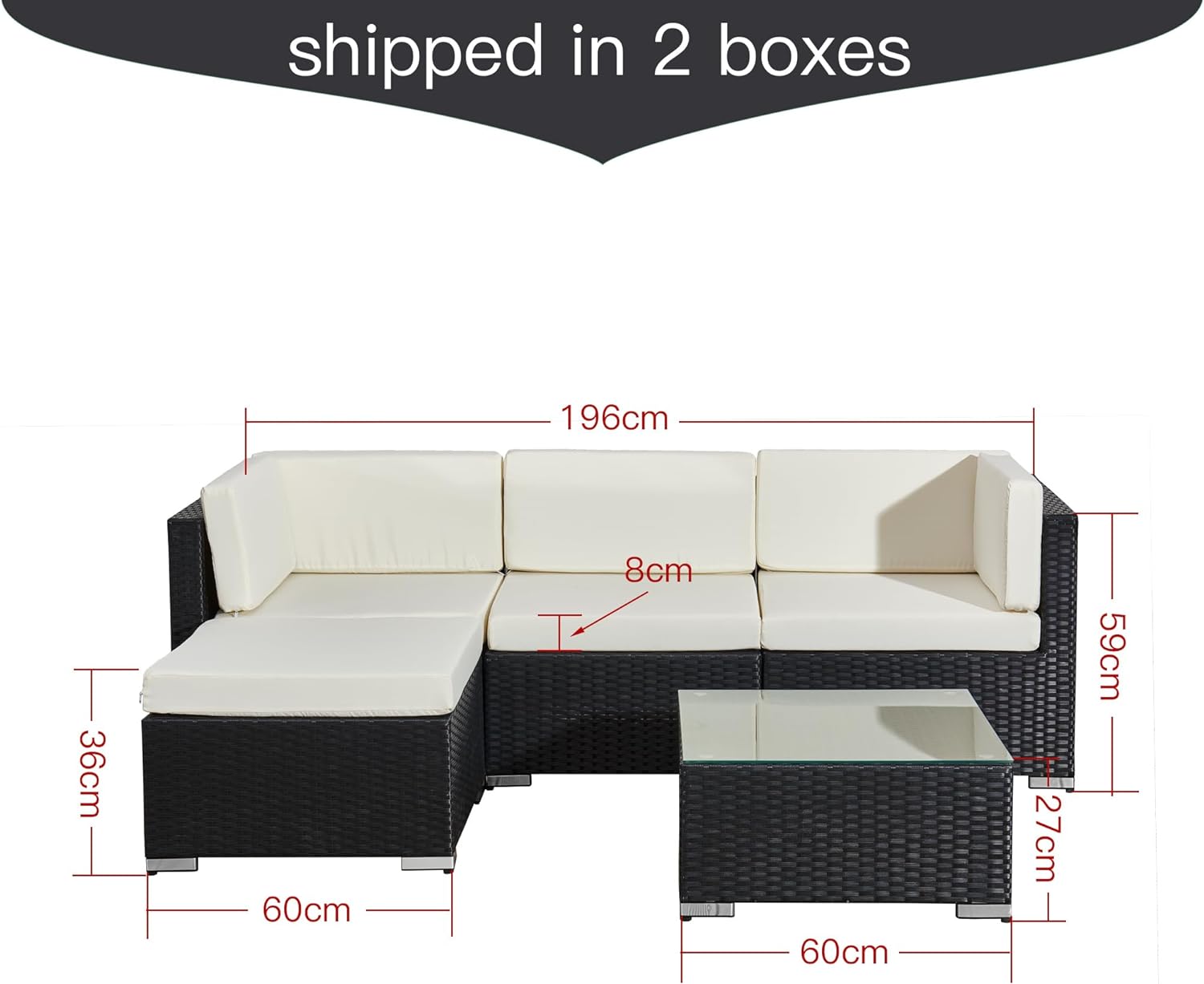 Aweather 5 Piece Rattan Garden Furniture Outdoor Rattan Corner Sofa Set, With Glass Coffee Table, for Garden, Poolside, Backyard