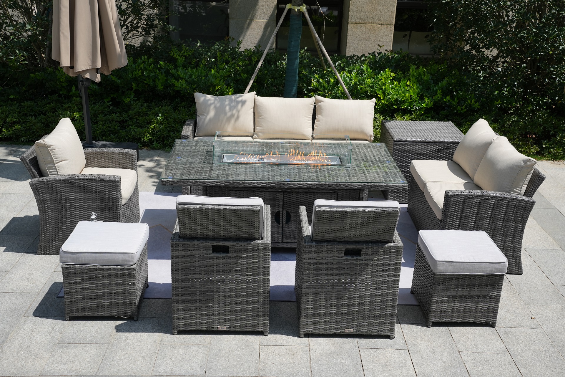 Wicker Patio Gray Wicker Conversational Seating Set with Rectangular Glass Fire Pit Table and Back Chair (Patio Set Option)