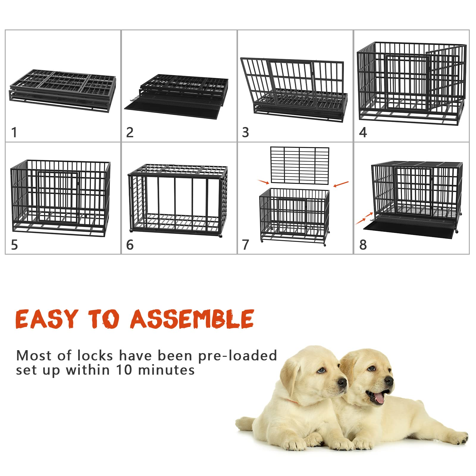 【Pet】【BS】48/38 inch Heavy Duty Dog Crate, Escape Proof Dog cage with Lockable Wheels & Removable Tray