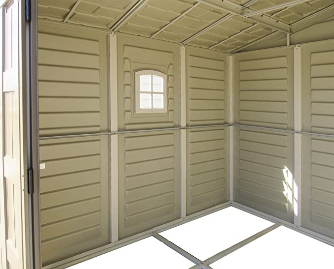 Duramax DuraPlus 8’ x 8’ Plastic Garden Storage Shed | Adobe & Brown| Fire Retardant & All-Weather Outdoor Solution | Store Bikes, Tools, BBQ & Home Gym| Strong Structure & Maintenance-Free Vinyl Shed