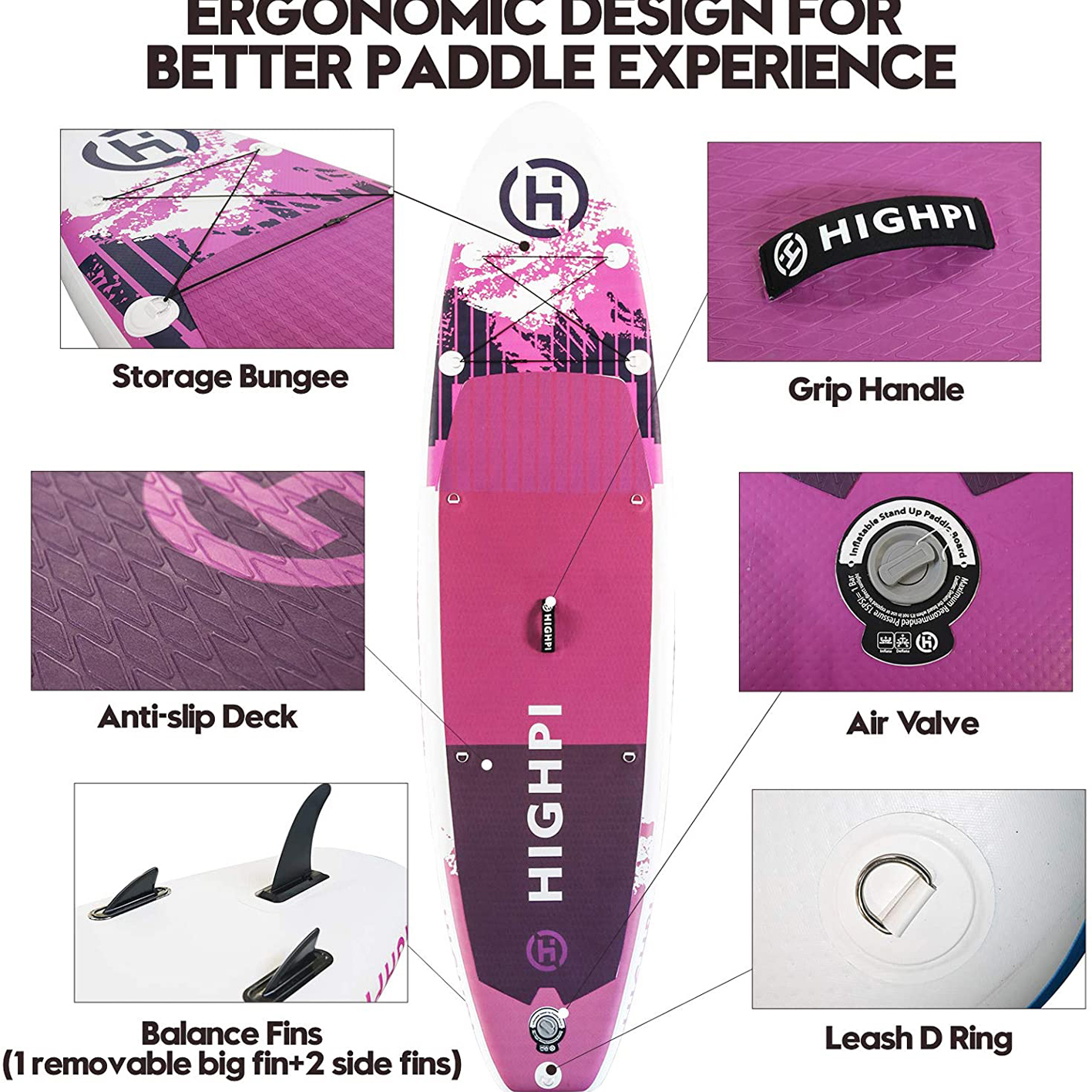 Highpi Inflatable Stand Up Paddle Boards, 10'6''/11' Ultra-Light SUP for All Skill Levels, w/Accessories Backpack, Anti-Slip Deck, Leash, Adjustable Paddle and Hand Pump, Waterproof Bag