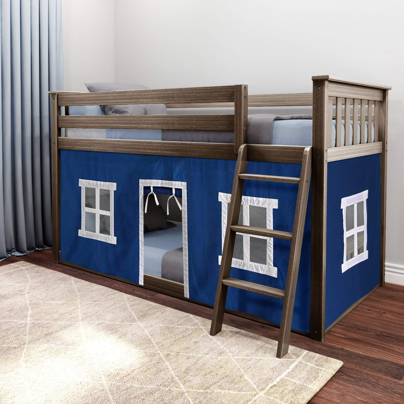 【Furniture】【BS】Low Bunk Bed, Twin-Over-Twin Bed Frame for Kids with Curtains for Bottom, Clay/Blue